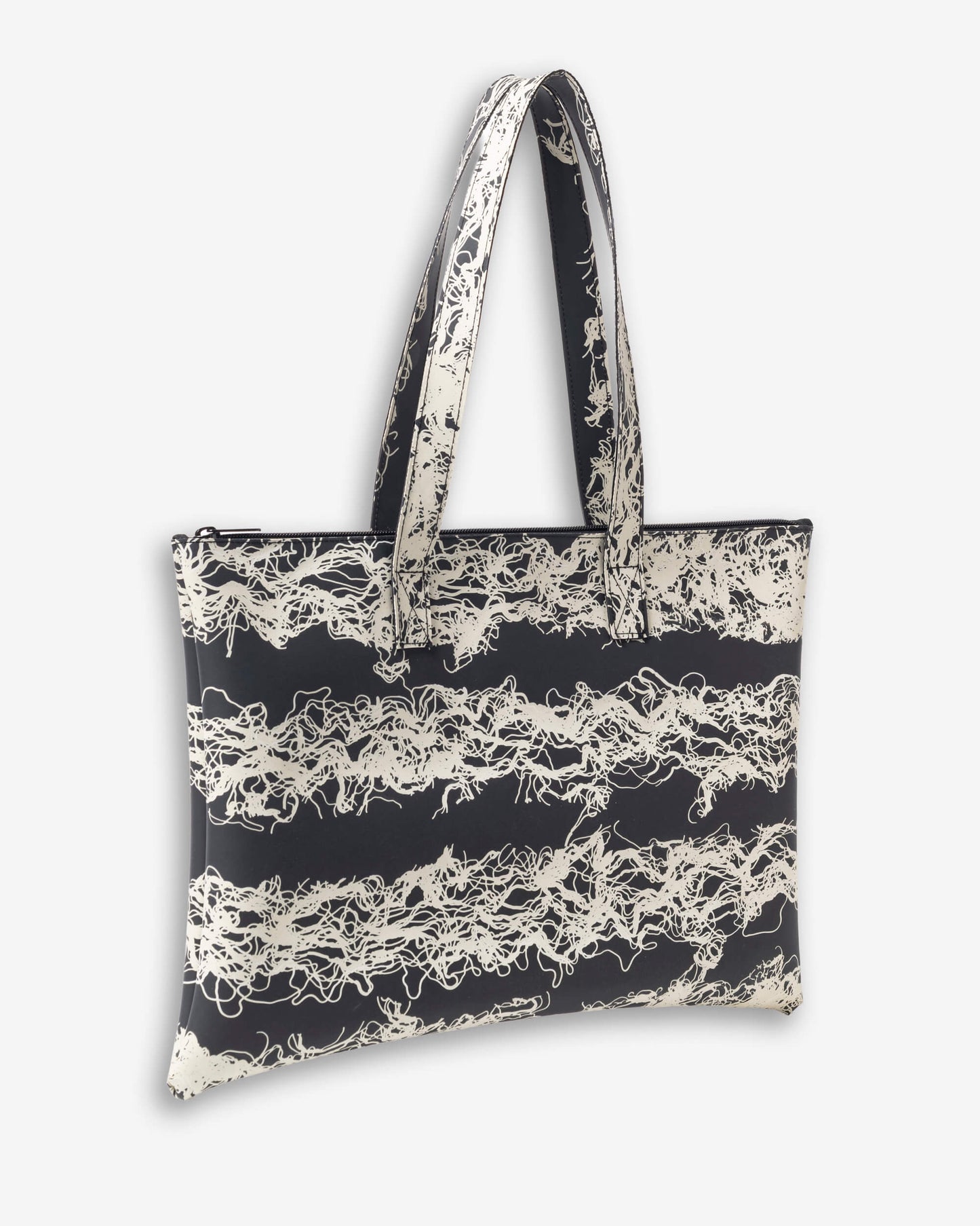 Flat Tote Bag - ivory stripes on black