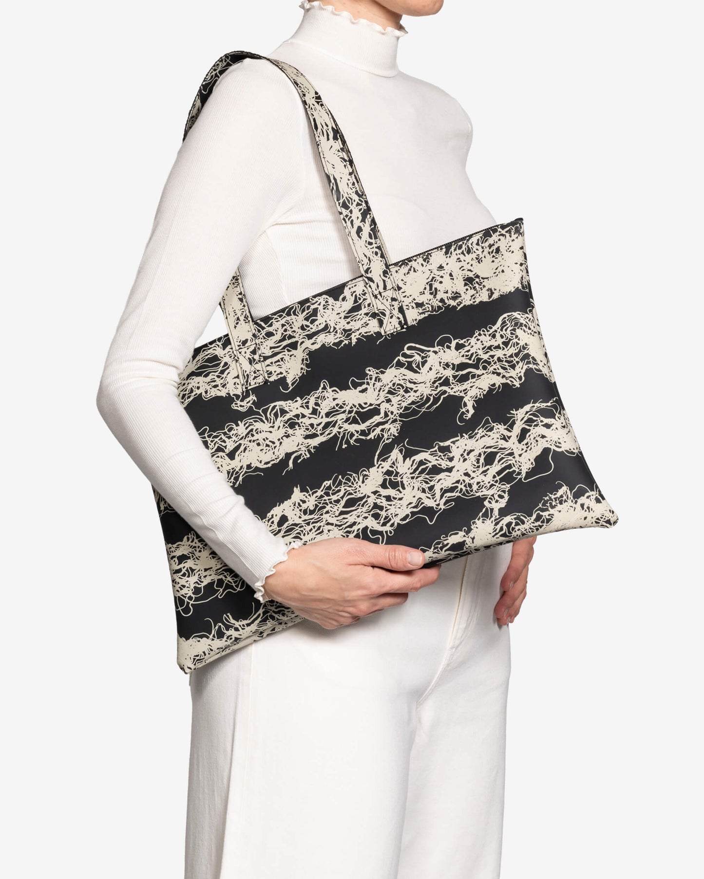 Flat Tote Bag - ivory stripes on black