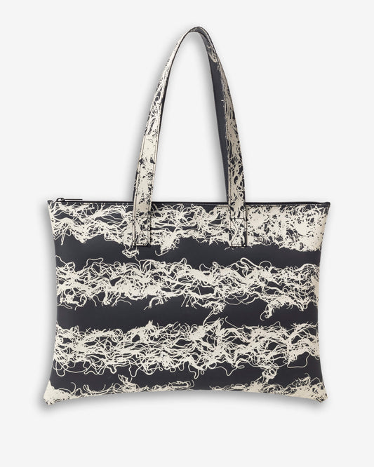 Flat Tote Bag - ivory stripes on black